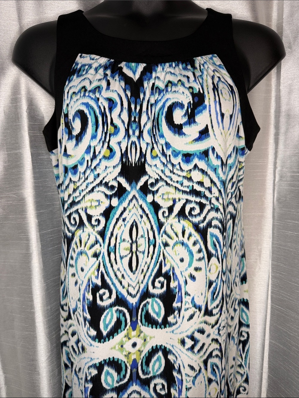 AB Studio Sheath Shift Dress Midi Sleeveless Career Office IKAT Paisley Print